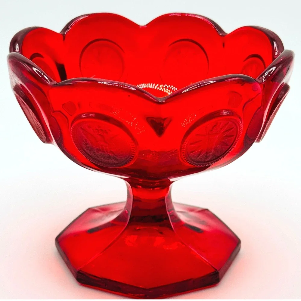 Fostoria Coin Glass Ruby Red Footed Compote Candy Dish UV Reactive Vintage
